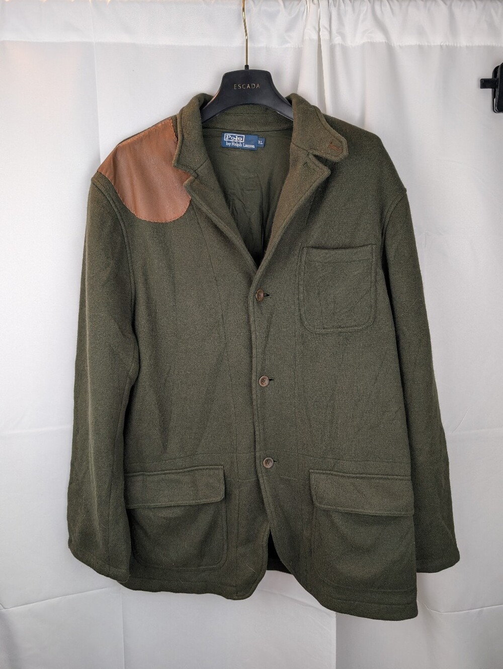 VTG Polo Ralph Lauren Wool Hunting Jacket XL Olive Green Leather Shooting Coat